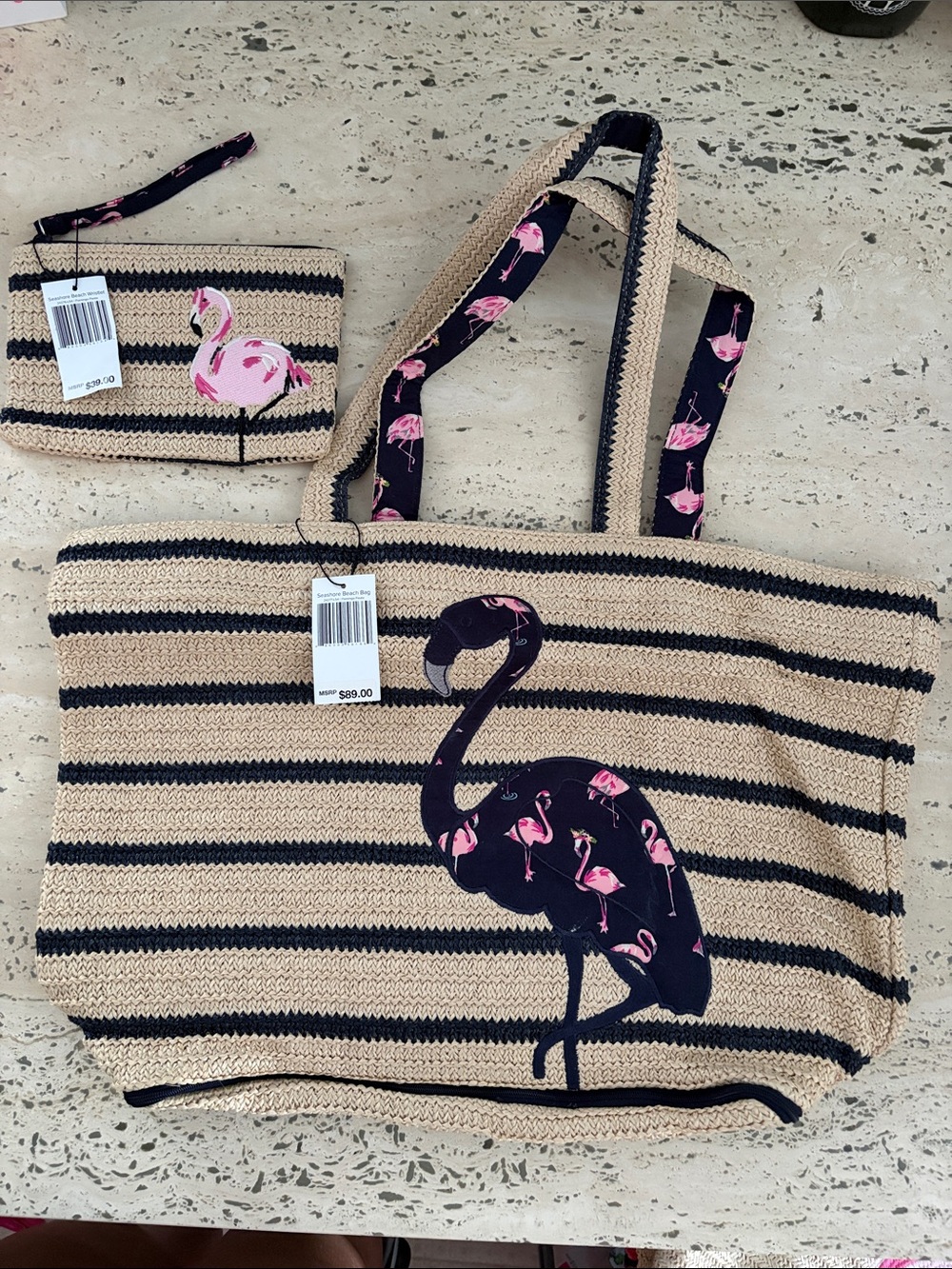 Vera Bradley Seashore Beach Bag & Seashore Beach Wristlet Flamingo Fiesta